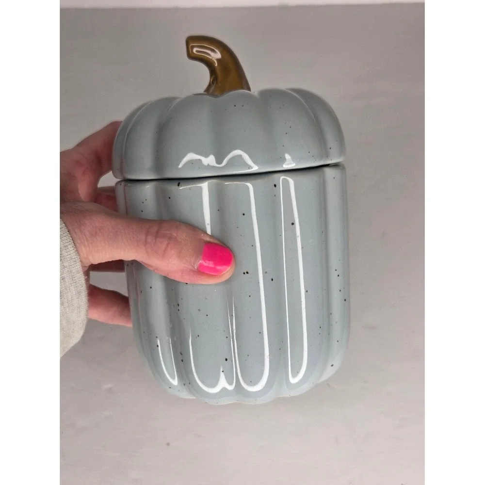 10 Strawberry Street Blue Speckled Ceramic Pumpkin‎ Shaped Canister Jar Fall